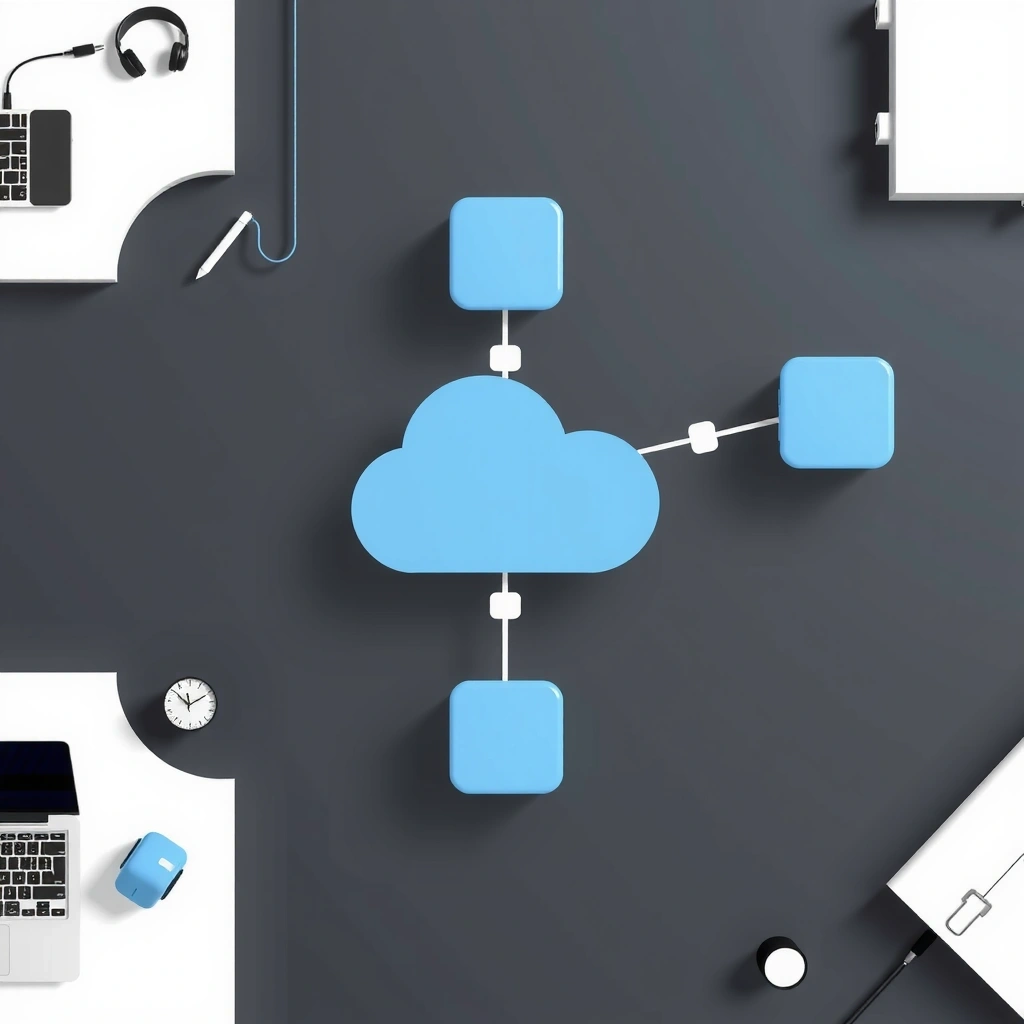 Network diagram showing connected services and third-party integrations in blue corporate theme