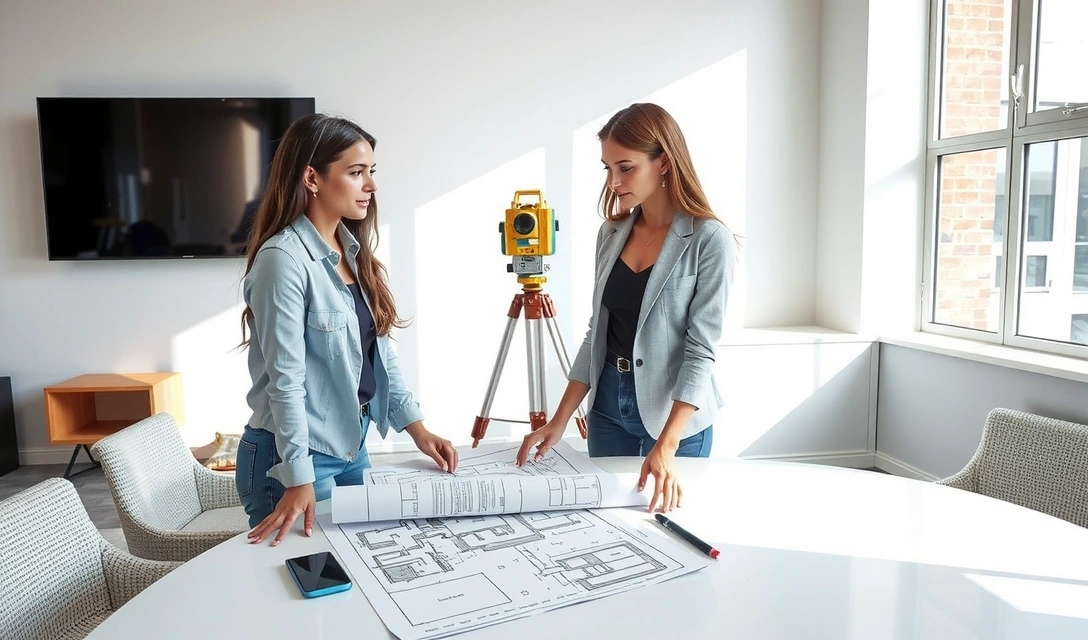 Architects and engineers planning construction project with blueprints and site maps