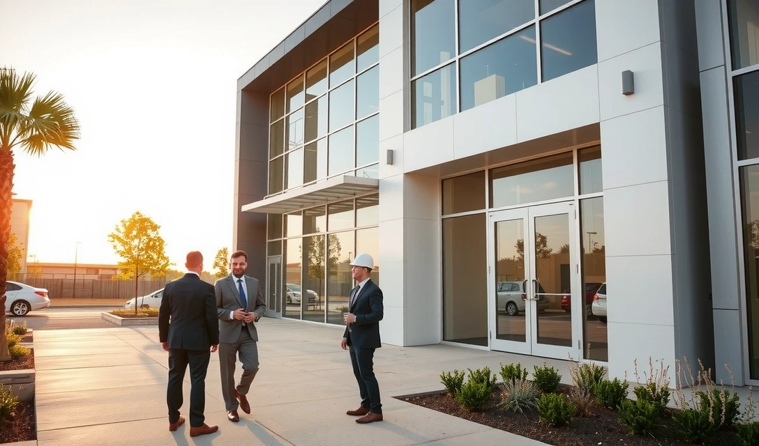 Completed modern building exterior with landscaping and client handover meeting